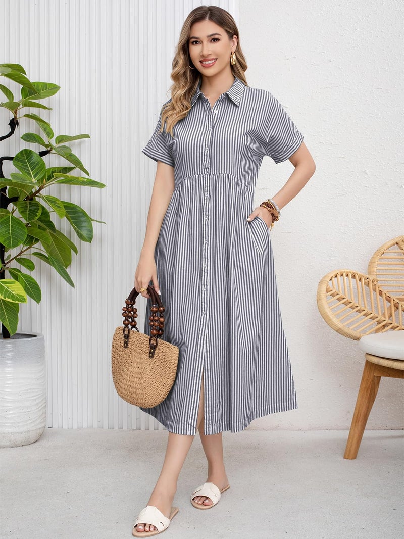 ebossy Women's Boho Striped Shirt Dress Button Up Side Slit Loose Mid Long Cotton Dress with Pockets (XL, Grey) - Image 3