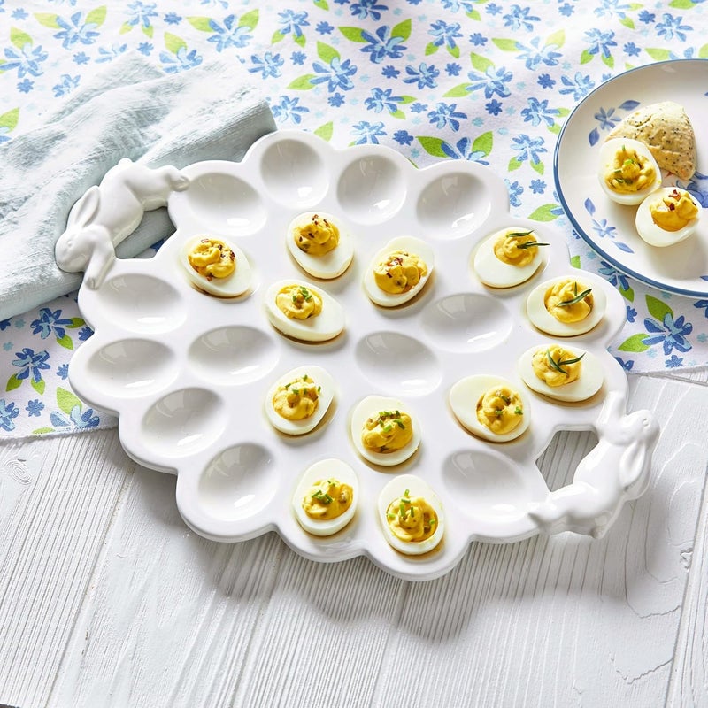 tag White Ceramic Bunny Handle Egg Platter Easter Decorations 16 in x 13 in White - Image 2