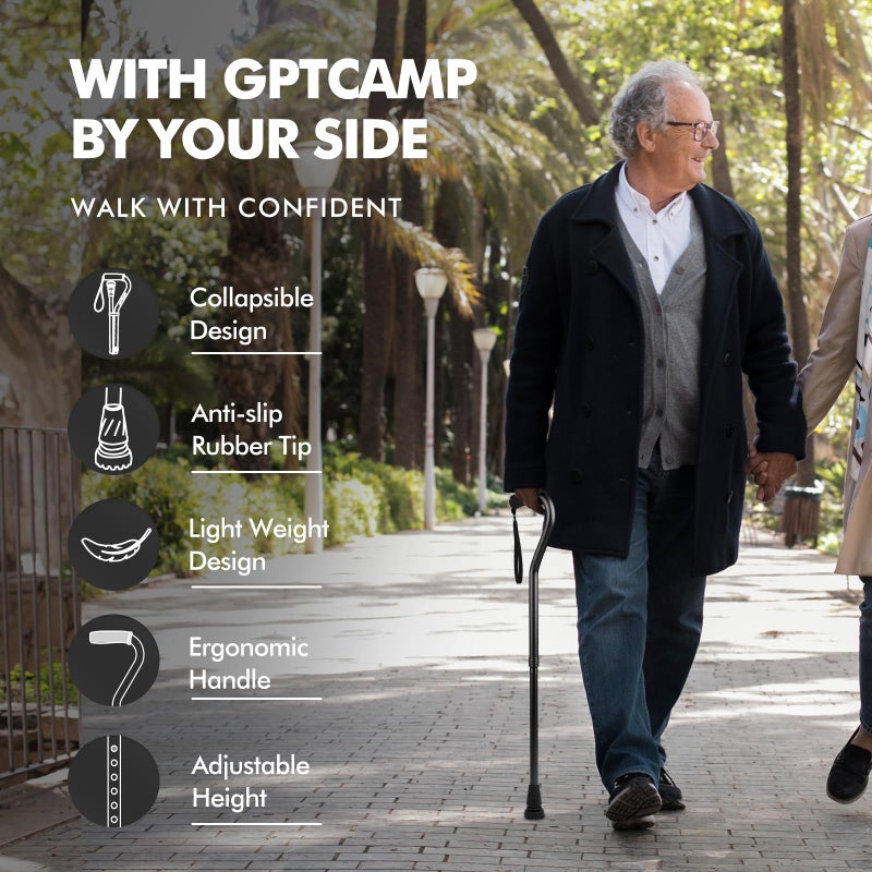 GPTCAMP Walking Cane and Walking Stick for Men Women,Lightweight Folding Canes with Offset Soft CushionedHandle,Adjustable&Collapsible,Mobility & Leg Surgery Recovery (Black) - Image 2