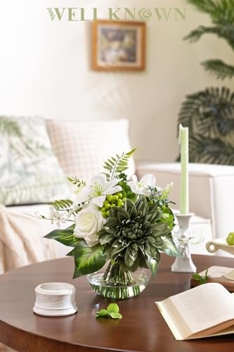 WELL KNOWN Artificial Flowers in Vase with Fake Water, Silk Rose Dahlia Lily Flowers Bouquet with Glass Vase for Home Birthday Party Wedding Dinning Table Office Hotel Decor Gift (Green & White Mixed) - Image 4