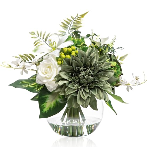 WELL KNOWN Artificial Flowers in Vase with Fake Water, Silk Rose Dahlia Lily Flowers Bouquet with Glass Vase for Home Birthday Party Wedding Dinning Table Office Hotel Decor Gift (Green & White Mixed) - Image 1