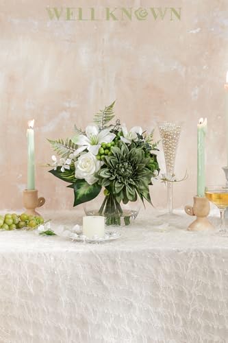 WELL KNOWN Artificial Flowers in Vase with Fake Water, Silk Rose Dahlia Lily Flowers Bouquet with Glass Vase for Home Birthday Party Wedding Dinning Table Office Hotel Decor Gift (Green & White Mixed) - Image 3