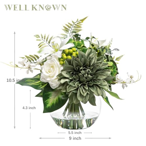 WELL KNOWN Artificial Flowers in Vase with Fake Water, Silk Rose Dahlia Lily Flowers Bouquet with Glass Vase for Home Birthday Party Wedding Dinning Table Office Hotel Decor Gift (Green & White Mixed) - Image 2