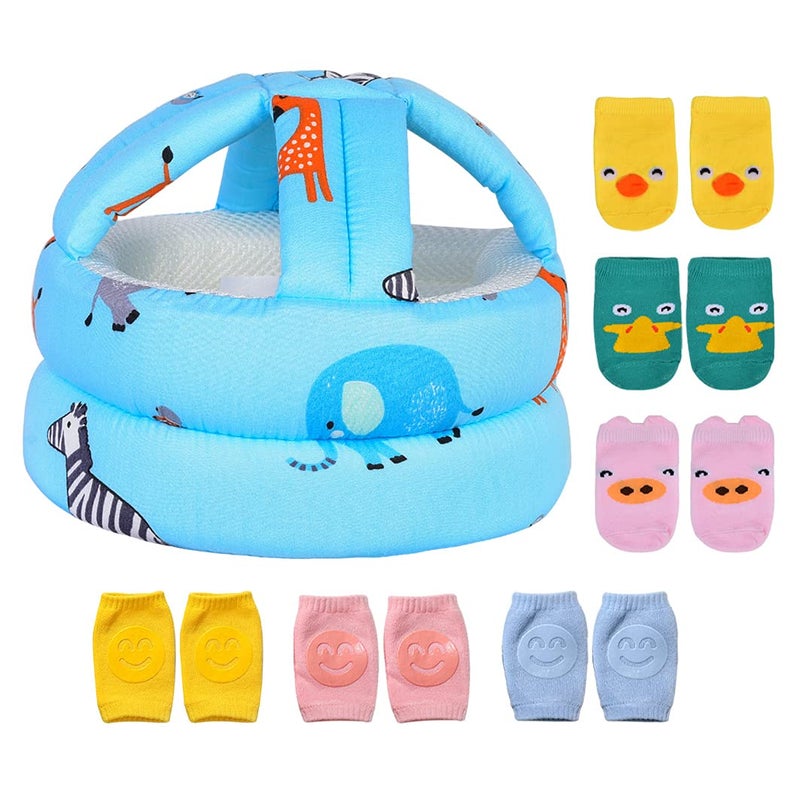 Umtiti Umtiti Baby Adjustable Helmet Lightweight and Soft with 3 Pairs Baby Knee Pads for Crawling 3 Pairs Baby Socks Great for Baby Learning to Walk and Crawl ZooBlue6