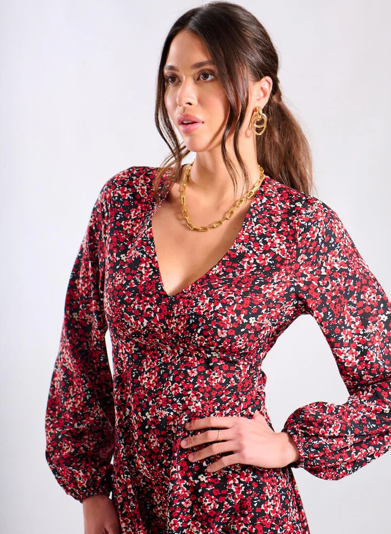 نيدز نو ليبل Red Floral Printed Long Sleeve Midi Dress