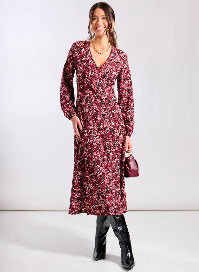 Red Floral Printed Long Sleeve Midi Dress