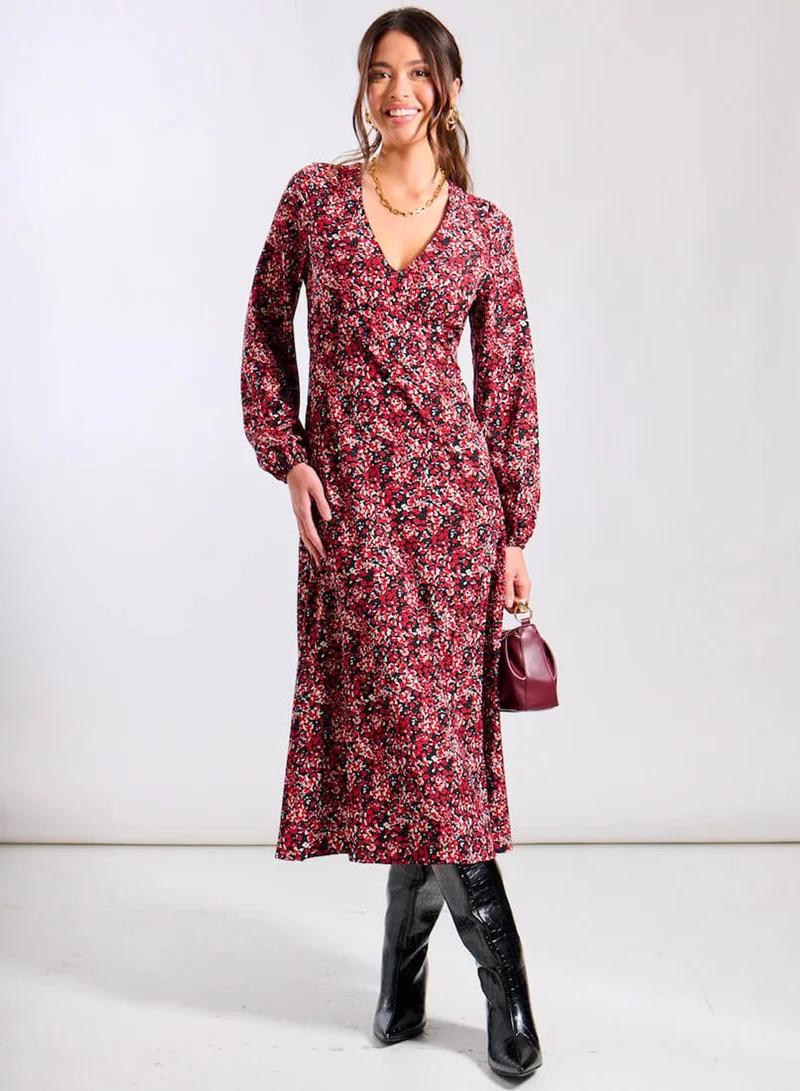 Needs No Label Red Burgundy Floral Long Sleeve Midi Dress