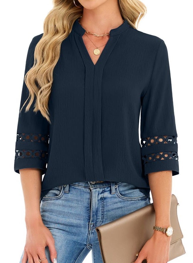 Funlingo 3/4 Length Sleeve Womens Tops V Neck Dressy Casual Blouses Lace Tunic Pleated Shirts Business Casual Outfits 2026, Deep Blue, M - Image 1