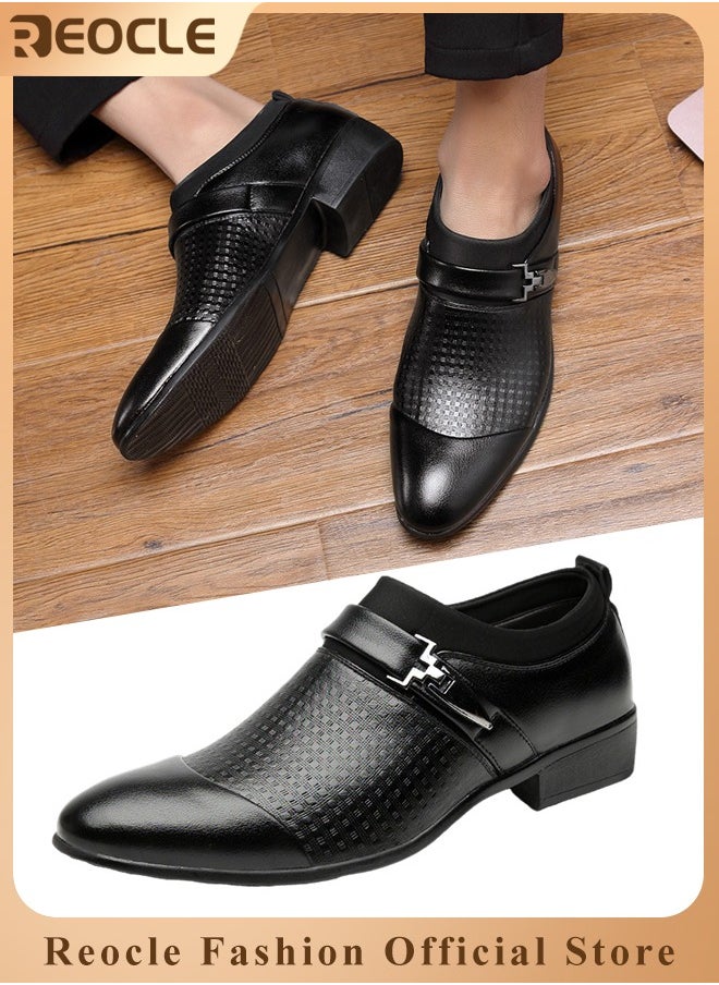 REOCLE Men's Leather Shoes Pointed Toe Boots Business Suit Shoes with Simple Buckle Design & Glossy Upper & Anti-slip Wear-resistant Soles Casual Comfortable Leather Shoes  - Image 1