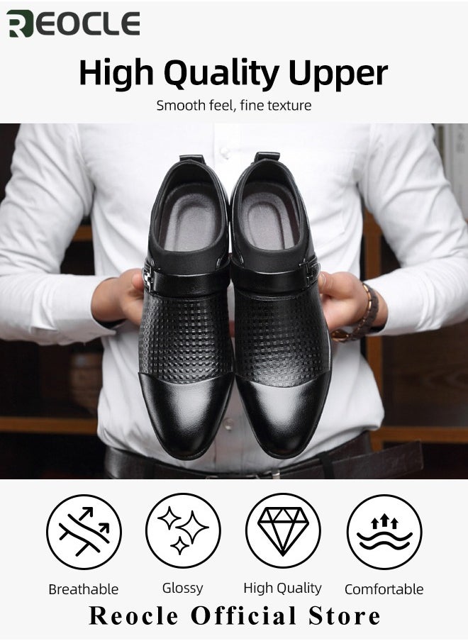 REOCLE Men's Leather Shoes Pointed Toe Boots Business Suit Shoes with Simple Buckle Design & Glossy Upper & Anti-slip Wear-resistant Soles Casual Comfortable Leather Shoes  - Image 3
