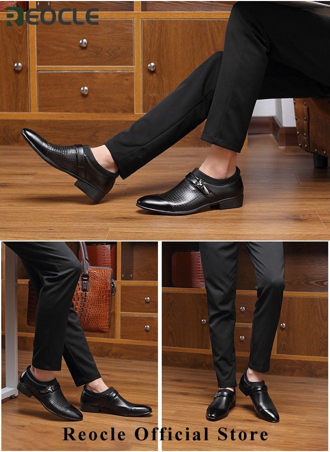 REOCLE Men's Leather Shoes Pointed Toe Boots Business Suit Shoes with Simple Buckle Design & Glossy Upper & Anti-slip Wear-resistant Soles Casual Comfortable Leather Shoes  - Image 2