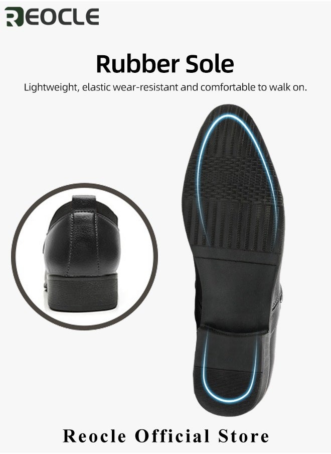 REOCLE Men's Leather Shoes Pointed Toe Boots Business Suit Shoes with Simple Buckle Design & Glossy Upper & Anti-slip Wear-resistant Soles Casual Comfortable Leather Shoes  - Image 4