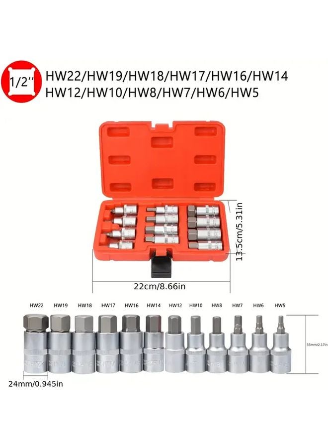 12 قطعة مجموعة مقابس ألين بمقبض 1/2 بوصة، 5-22 ملم، من سبيكة الفاناديوم الكروم - Image 3