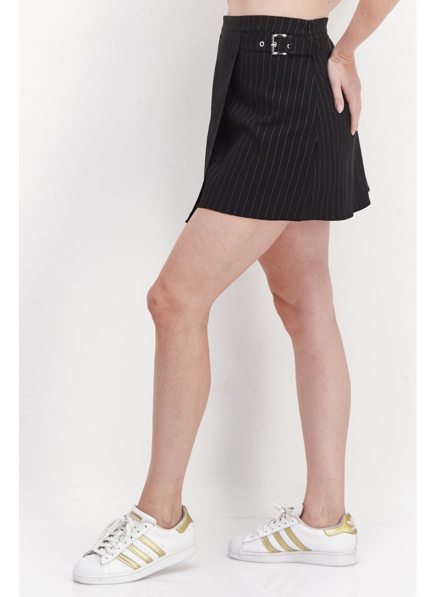 Don't Call Me Jennyfer - Women Stripe Belted Mini Skirt, Black - Image 1