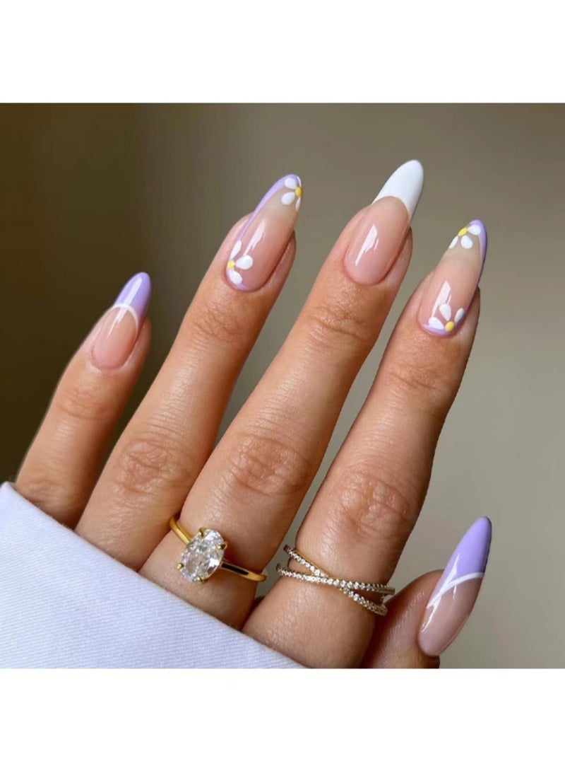 JOSQUEWNN Press on nails,24-Piece Minimalist French Purple Edge Nail Tips, Exquisite Purple Edge Design Wearable Nail Stickers for Effortlessly Elegant and Stylish Fingertips,Fake Acrylic Nails With Glue Kit. - Image 1