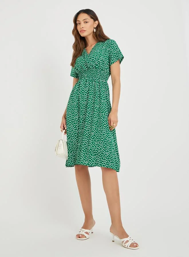 Take Two Take Two Women Green Ditsy Floral Print V Neck A-Line Knee Length Dress