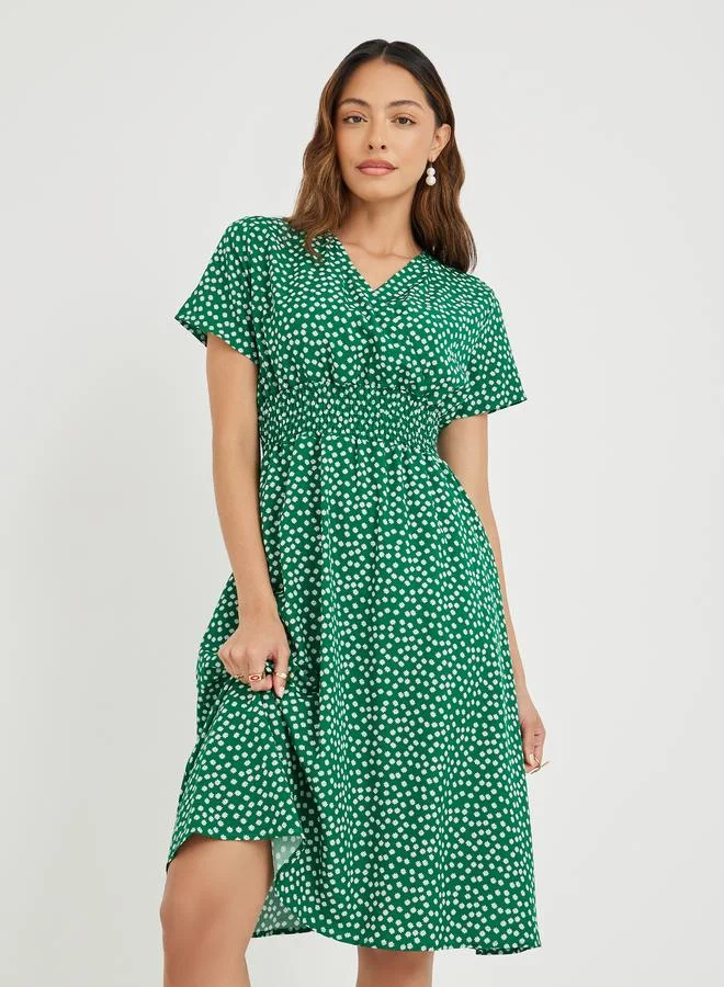 Take Two Take Two Women Green Ditsy Floral Print V Neck A-Line Knee Length Dress