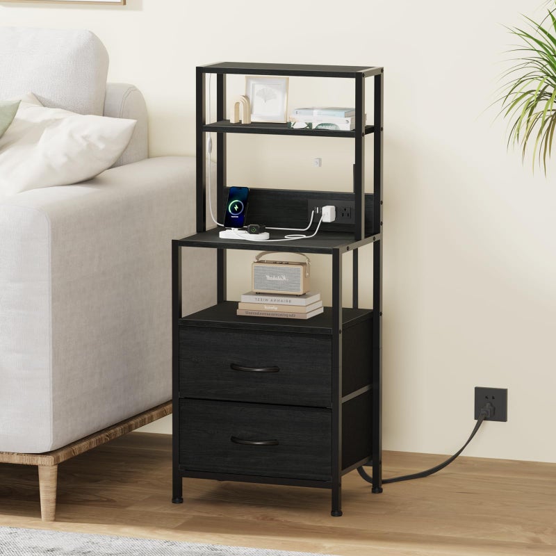 Furnulem Night Stand, Tall Nightstand with 4-Tier Shelves, 2 Fabric Drawers and Light Tube, Bed Side Tables with Charging Station, Bedside Table for Bedroom, Office, Black Oak - Image 2