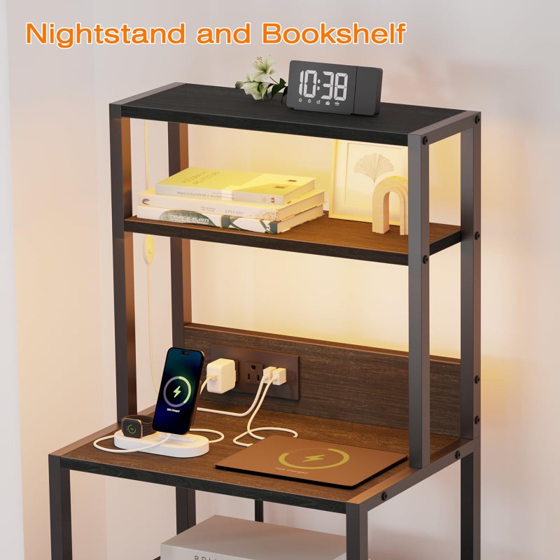 Furnulem Night Stand, Tall Nightstand with 4-Tier Shelves, 2 Fabric Drawers and Light Tube, Bed Side Tables with Charging Station, Bedside Table for Bedroom, Office, Black Oak - Image 4