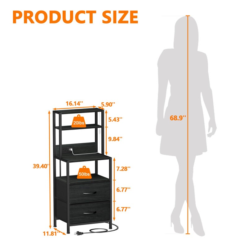 Furnulem Night Stand, Tall Nightstand with 4-Tier Shelves, 2 Fabric Drawers and Light Tube, Bed Side Tables with Charging Station, Bedside Table for Bedroom, Office, Black Oak - Image 3