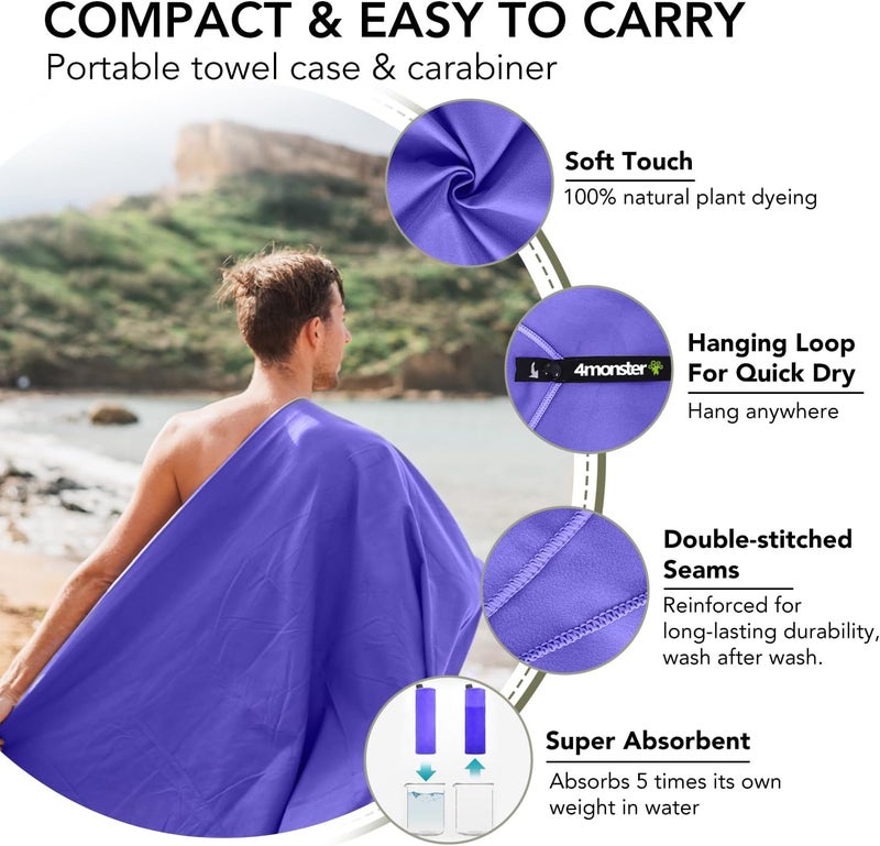 4Monster Camping Towels Super Absorbent, Fast Drying Microfiber Travel Towel, Quick Dry Ultra Soft Compact Gym Towel for Swimming Beach Hiking Yoga Travel Sports Backpack - Image 3