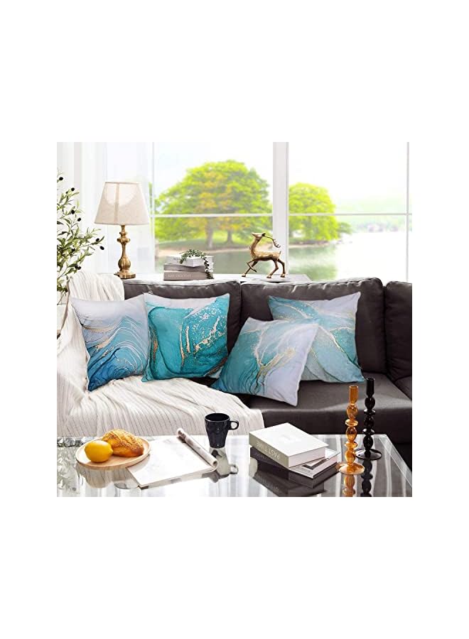 The Bros Throw Pillow Covers, Marble Texture Turquoise and Gold Silver Decorative Pillow Case Set of 4, Luxury Abstract Fluid Art Ink Soft Velvet Square Cushion Covers for Bed Sofa Home Decor, 45 x 45cm - Image 5