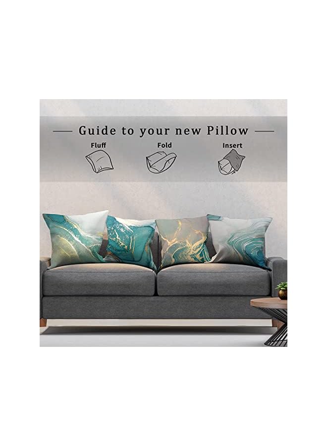 The Bros Throw Pillow Covers, Marble Texture Turquoise and Gold Silver Decorative Pillow Case Set of 4, Luxury Abstract Fluid Art Ink Soft Velvet Square Cushion Covers for Bed Sofa Home Decor, 45 x 45cm - Image 2