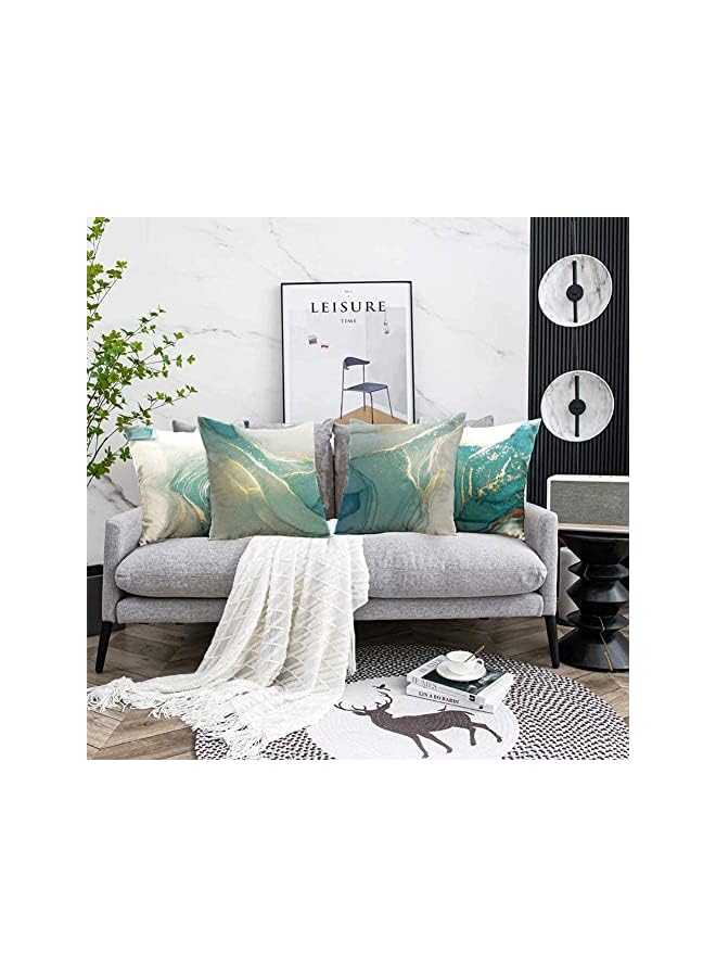 The Bros Throw Pillow Covers, Marble Texture Turquoise and Gold Silver Decorative Pillow Case Set of 4, Luxury Abstract Fluid Art Ink Soft Velvet Square Cushion Covers for Bed Sofa Home Decor, 45 x 45cm - Image 3