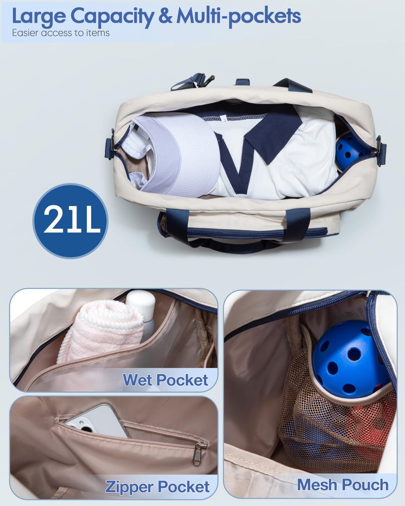 Smasrob Pickleball Tote Bag for Women with Exterior Paddle Pocket and Separate Shoe Compartment, Pickleball Bags with Wet Pocket and Detachable Strap, Beige - Image 3