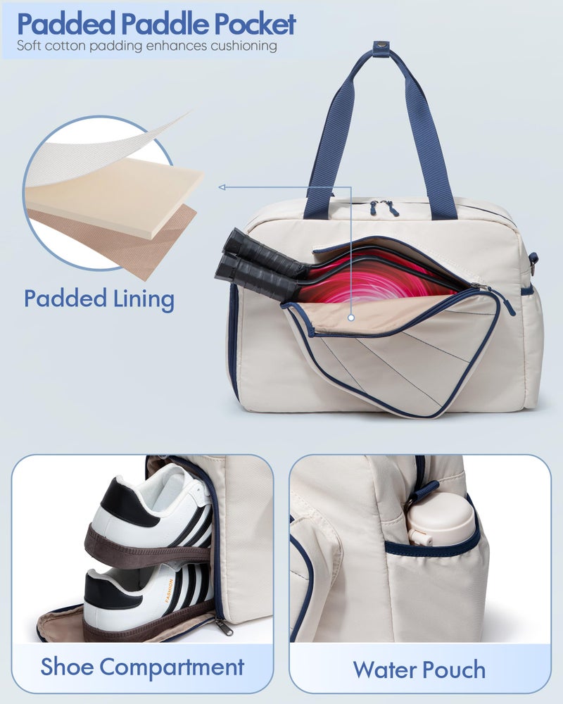 Smasrob Pickleball Tote Bag for Women with Exterior Paddle Pocket and Separate Shoe Compartment, Pickleball Bags with Wet Pocket and Detachable Strap, Beige - Image 2
