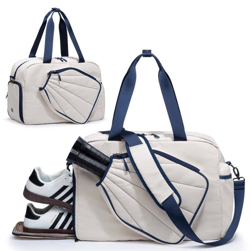 Smasrob Pickleball Tote Bag for Women with Exterior Paddle Pocket and Separate Shoe Compartment, Pickleball Bags with Wet Pocket and Detachable Strap, Beige - Image 1