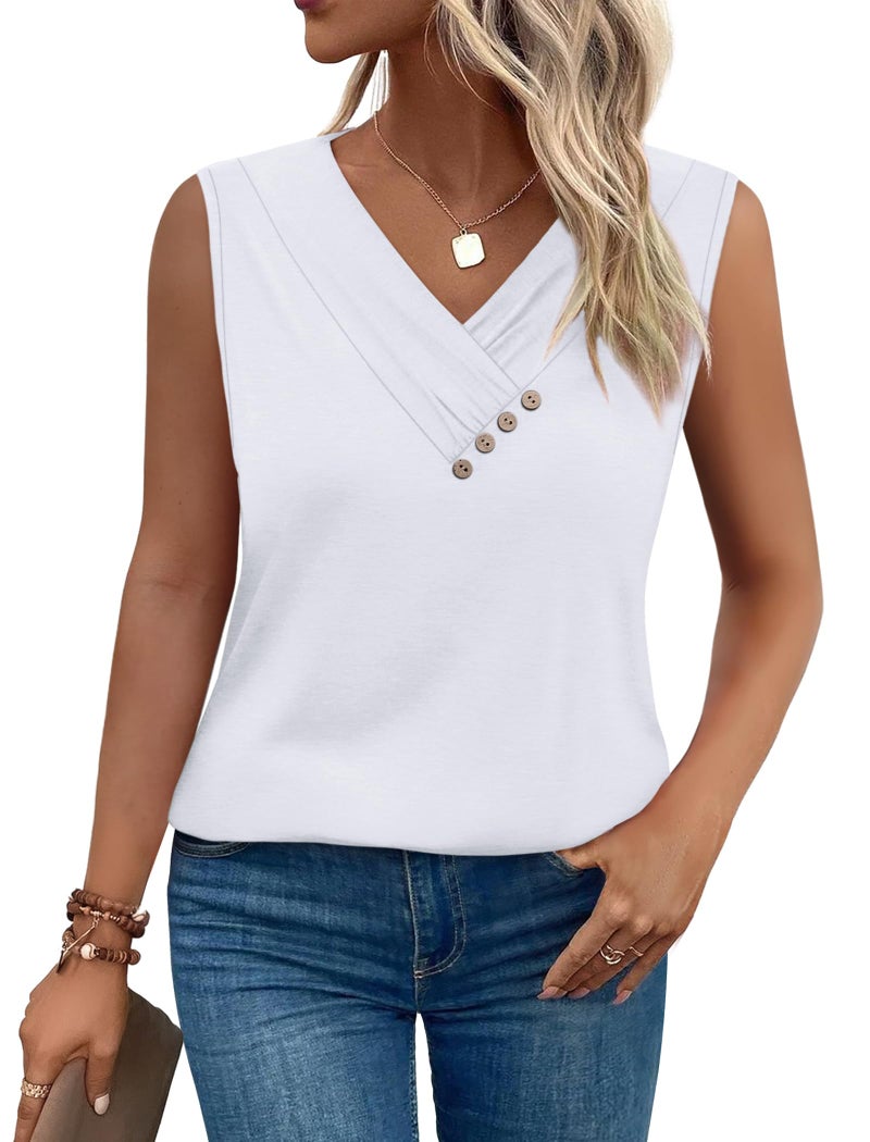 Sampeel Tank Top for Women Sleeveless V Neck Button Down White Tops Plain Tshirts Shirts Business Dressy Casual Work Clothes Blouses 2026 L - Image 2