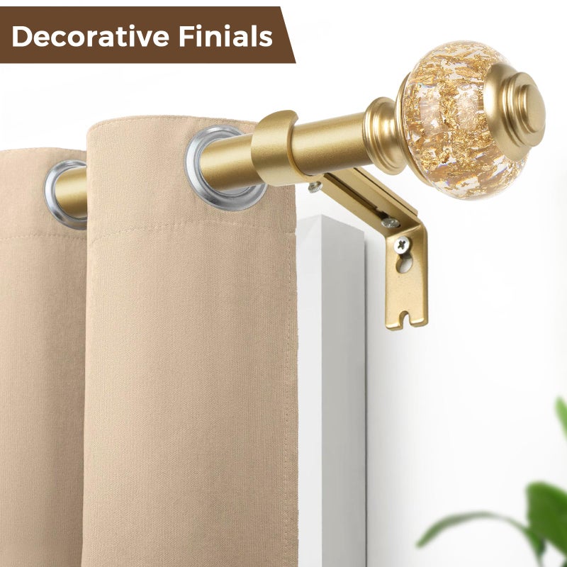 USFOOK 1 Inch Gold Curtain Rods for Windows 72 to 144 Inches (6 to 12 ft), USFOOK Telescoping Single Drapery Rod, Decorative Curtain Rod with Luxury Translucent Finials - Image 2