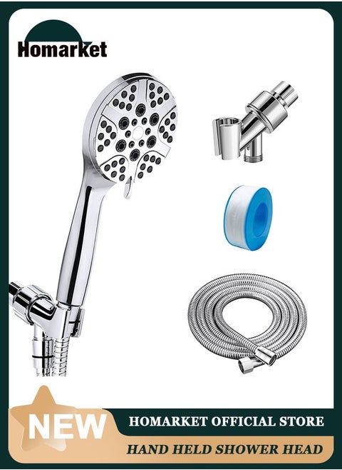 High Pressure 7-mode Handheld Shower Head - Anti-clog Nozzles, Built-in Power Wash to Clean Tub, Tile and Pets with Extra 59" Long Hose and Adjustable Bracket Holder Bathroom Filter Showerhead Set