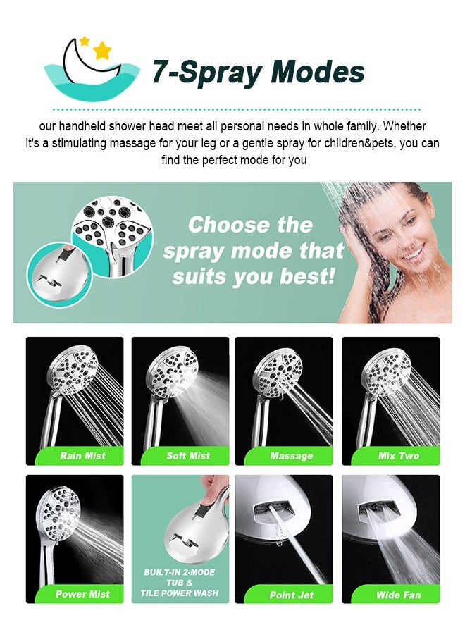 High Pressure 7-mode Handheld Shower Head - Anti-clog Nozzles, Built-in Power Wash to Clean Tub, Tile and Pets with Extra 59" Long Hose and Adjustable Bracket Holder Bathroom Filter Showerhead Set