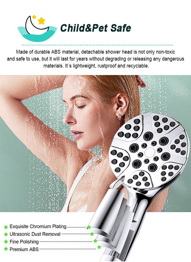 High Pressure 7-mode Handheld Shower Head - Anti-clog Nozzles, Built-in Power Wash to Clean Tub, Tile and Pets with Extra 59" Long Hose and Adjustable Bracket Holder Bathroom Filter Showerhead Set