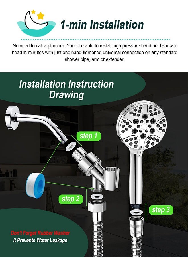 High Pressure 7-mode Handheld Shower Head - Anti-clog Nozzles, Built-in Power Wash to Clean Tub, Tile and Pets with Extra 59" Long Hose and Adjustable Bracket Holder Bathroom Filter Showerhead Set