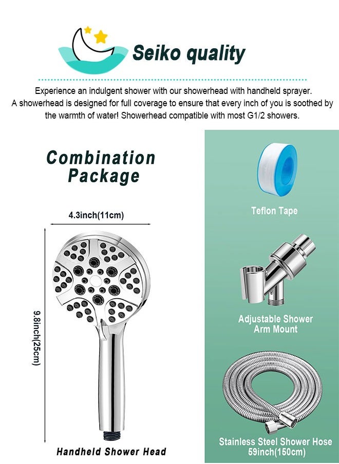 High Pressure 7-mode Handheld Shower Head - Anti-clog Nozzles, Built-in Power Wash to Clean Tub, Tile and Pets with Extra 59" Long Hose and Adjustable Bracket Holder Bathroom Filter Showerhead Set
