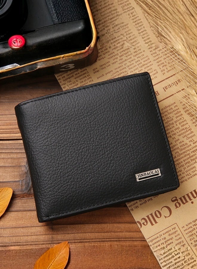 JINBAOLAI Men's Bi Fold Leather Wallet Black Genuine Leather RFID Blocking Slim Design with Card Slots and Cash Pocket for Daily Use - Image 2