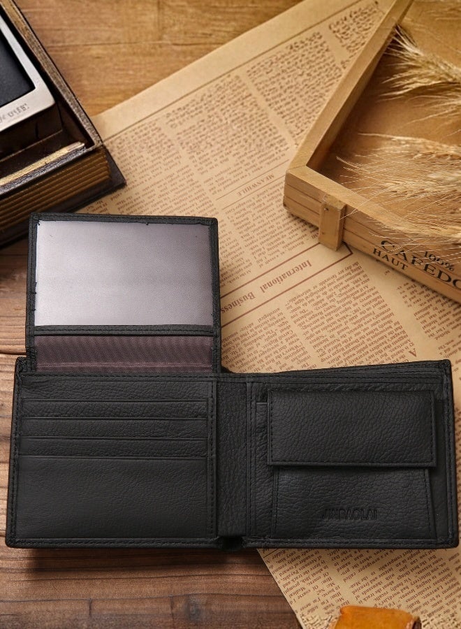 JINBAOLAI Men's Bi Fold Leather Wallet Black Genuine Leather RFID Blocking Slim Design with Card Slots and Cash Pocket for Daily Use - Image 3