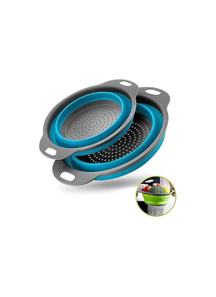 MIRFA Food-Grade Silicone Round Collapsible Colander Kitchen Strainer (2Pcs - Blue)  - Image 1