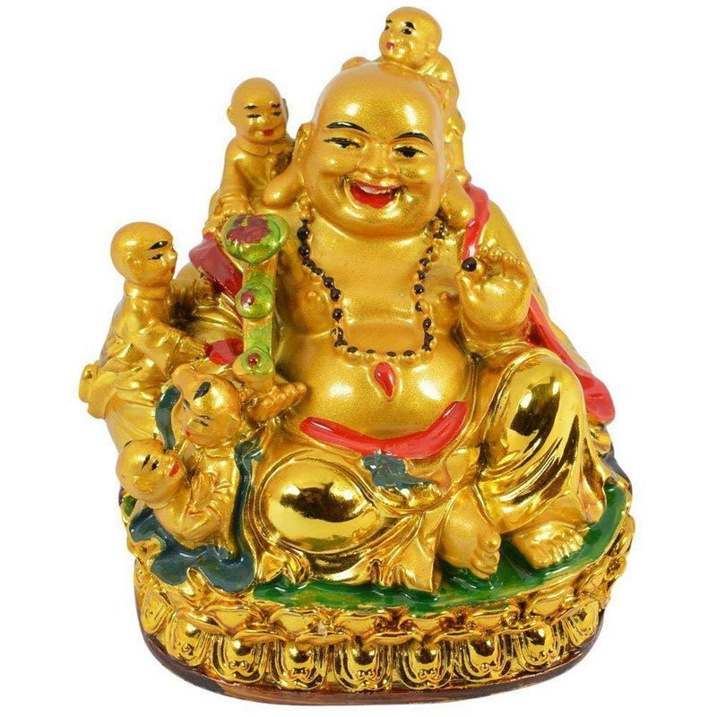 Ripe India® Laughing Buddha with Children for Health Wealth and Happiness Porcelain Showpiece 11Cm (Golden) - Image 5