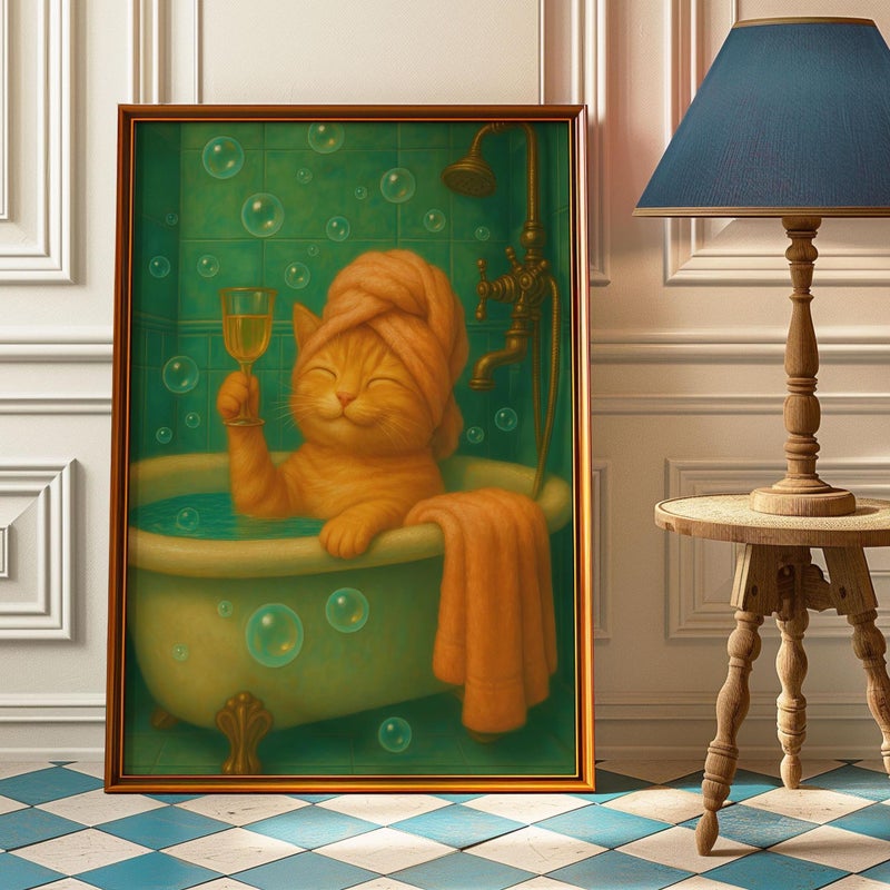 TNESSENTIAL Cat in Bathtub Art Print – Funny Bathroom Champagne Poster - Image 1