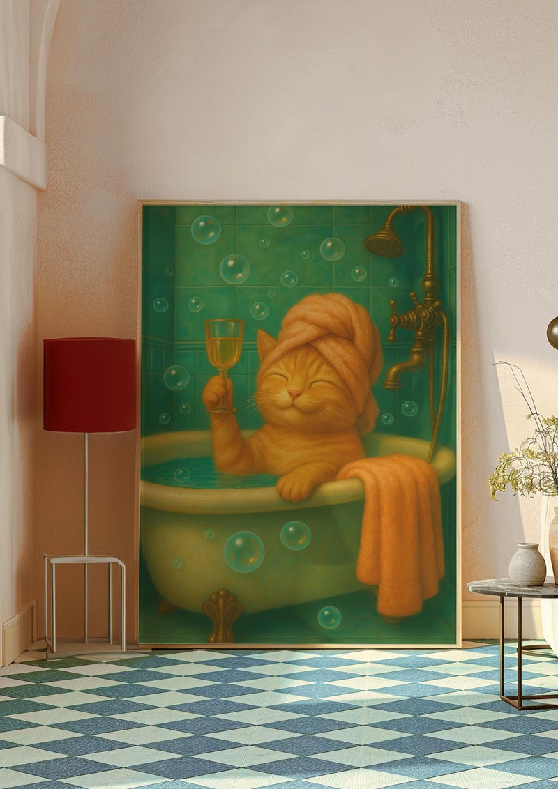 TNESSENTIAL Cat in Bathtub Art Print – Funny Bathroom Champagne Poster - Image 3