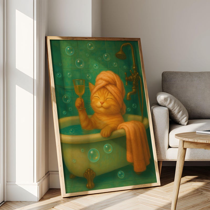 TNESSENTIAL Cat in Bathtub Art Print – Funny Bathroom Champagne Poster - Image 4