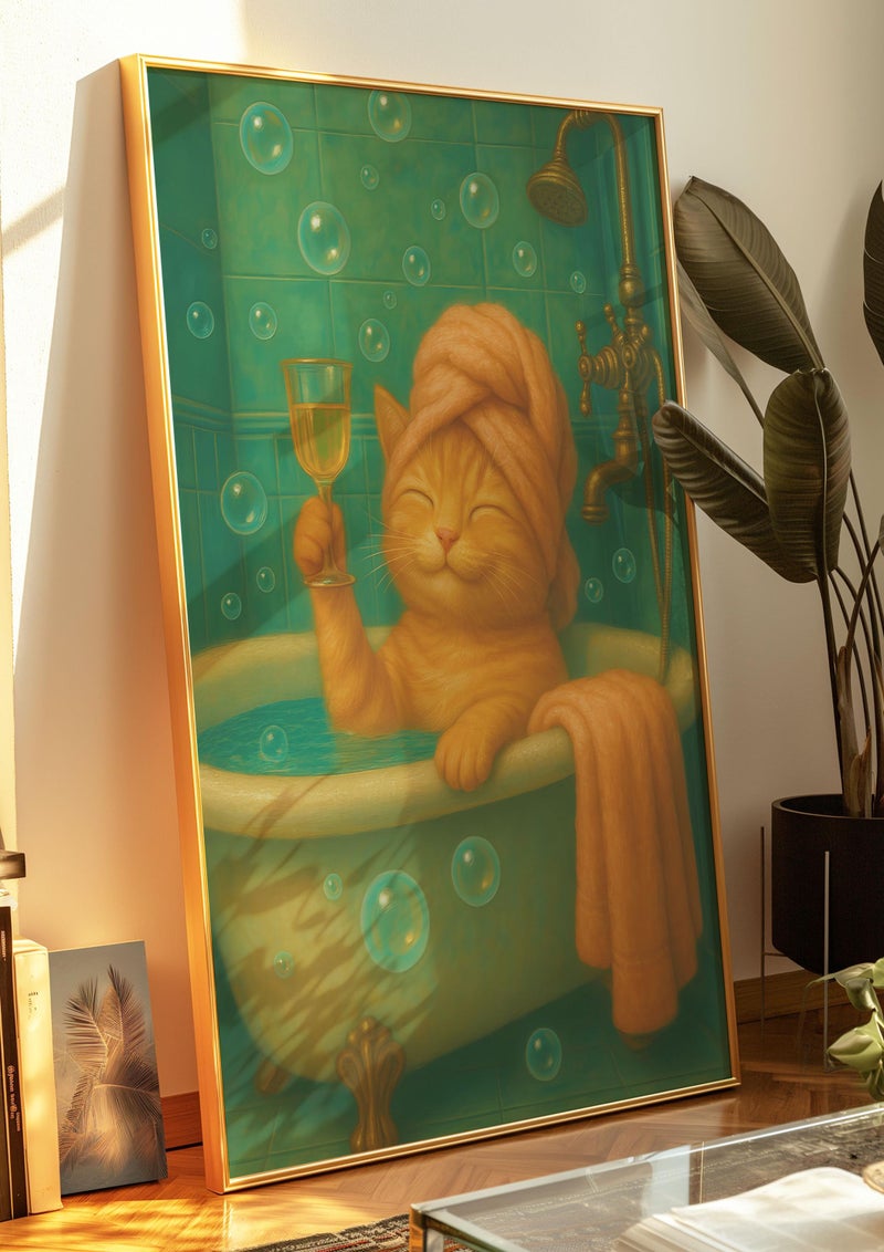 TNESSENTIAL Cat in Bathtub Art Print – Funny Bathroom Champagne Poster - Image 5