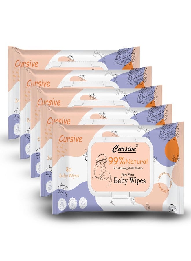 Cursive Soft Cleansing Baby Wipes with Lid | 80 Wipes x Pack of 5-400 Wipes | Extra Thick & Moist Wet Wipes for Baby's | Prevents Rashes & Redness with Goodness of Aloe Vera, Vitamin E & Coconet Oil - Image 3