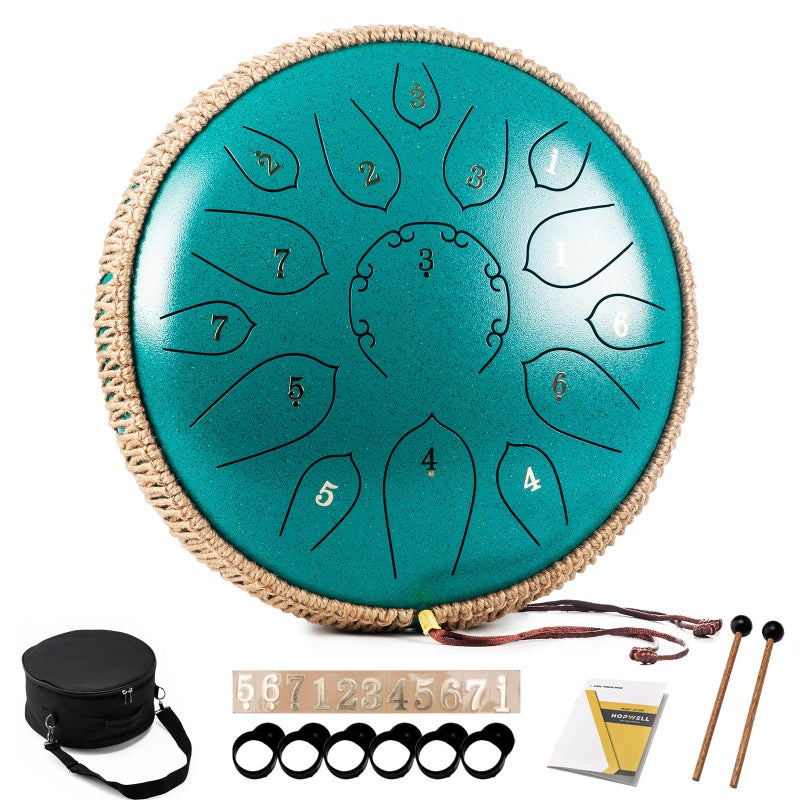 HOPWELL Steel Tongue Drum 15 Note 12 Inch Tongue Drums Percussion Instruments Hand Pan Drum with Music Book Drum Mallets and Carry Bag D Major Malachite Green