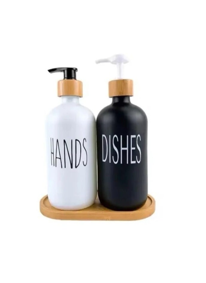 Generic Soap Dispenser Set with bamboo tray, Glass Hand Soap Dispenser and Glass Dish Soap Dispenser, Kitchen Soap Dispenser Set Decor, Refillable Hand Soap and Dish Soap Dispenser for Bathroom and Kitchen, liquid soap glass bottle, Modern Farmhouse Decor  - Image 1