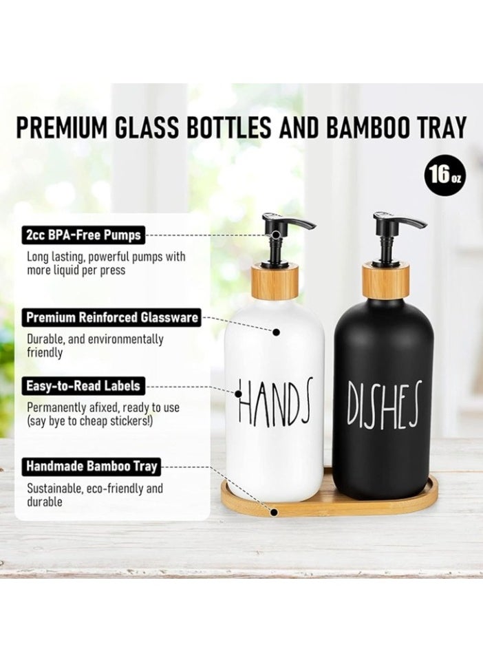 Generic Soap Dispenser Set with bamboo tray, Glass Hand Soap Dispenser and Glass Dish Soap Dispenser, Kitchen Soap Dispenser Set Decor, Refillable Hand Soap and Dish Soap Dispenser for Bathroom and Kitchen, liquid soap glass bottle, Modern Farmhouse Decor  - Image 3